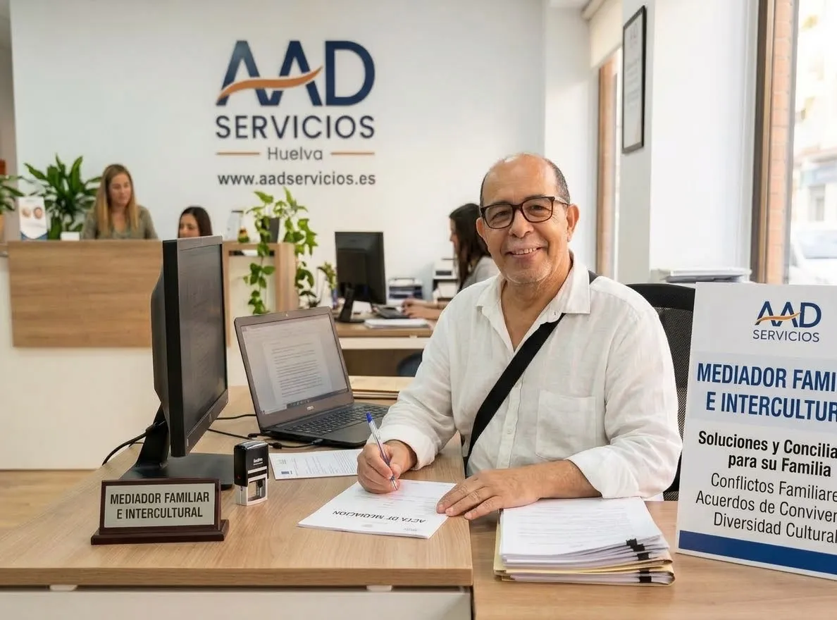Abderrahim, mediador familiar e intercultural, en la oficina de AAD Servicios en Huelva